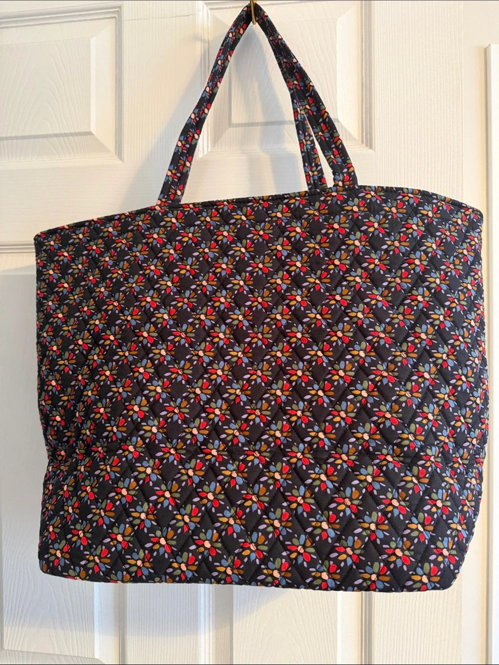 Vera Bradley Quilted Black Tote with Red, Pink, Orange & Green Floral Pattern